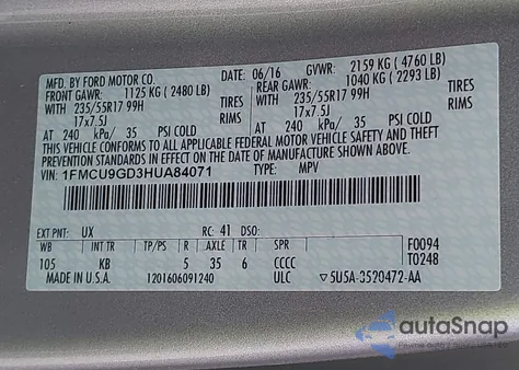 2017 Ford Escape Se z USA, uszkodzony, nr VIN 1FMCU9GD3HUA84071